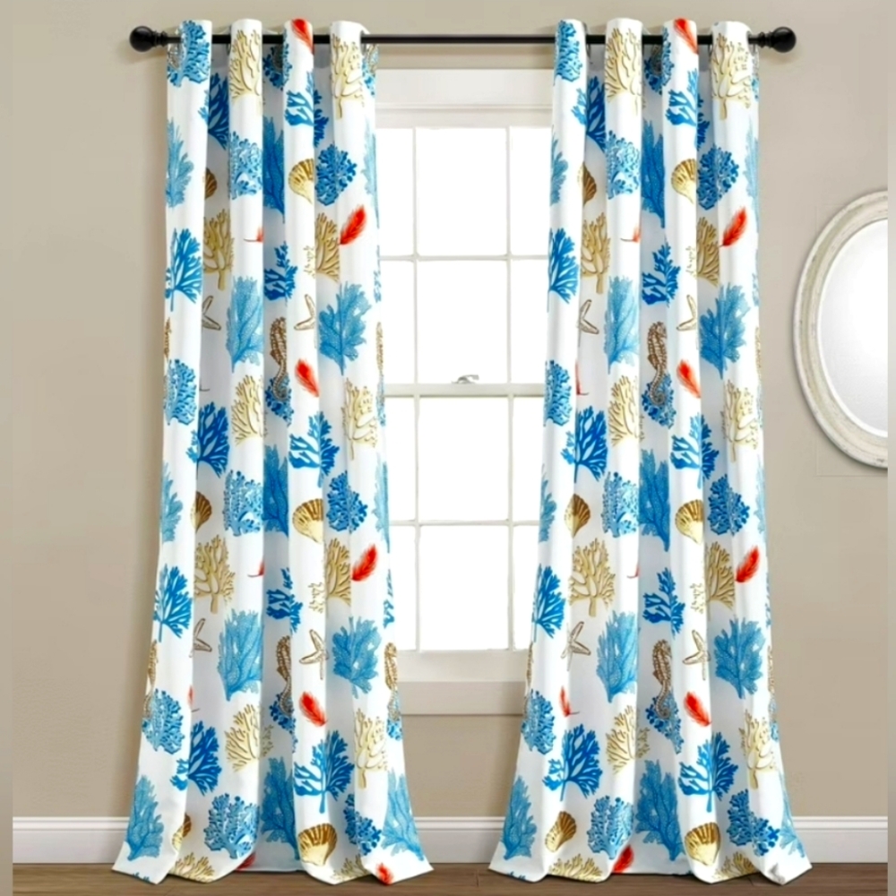 LUSH DECOR Coastal Reef Feather Window Panels Light Filtering Blue/Coral 52x84in